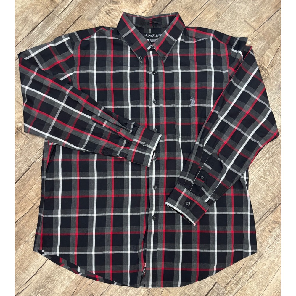 US‎ Polo Assn Mens XXL Plaid Button Down Shirt Black Red 125th Anniv. Long Slv